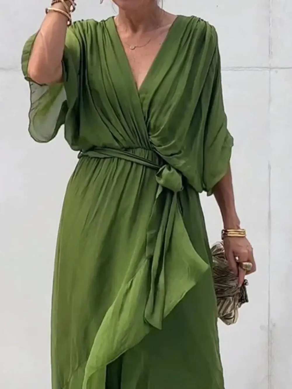 Full Size Flowy Tie Front Midi Dress with Flutter Sleeves Plus Size, image 20