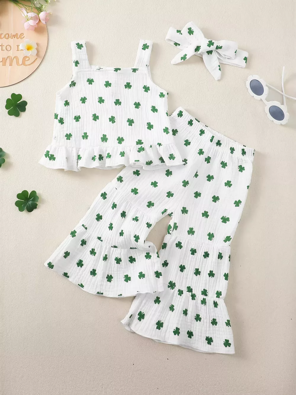 Children's Shamrock Print Ruffle Set with Headband