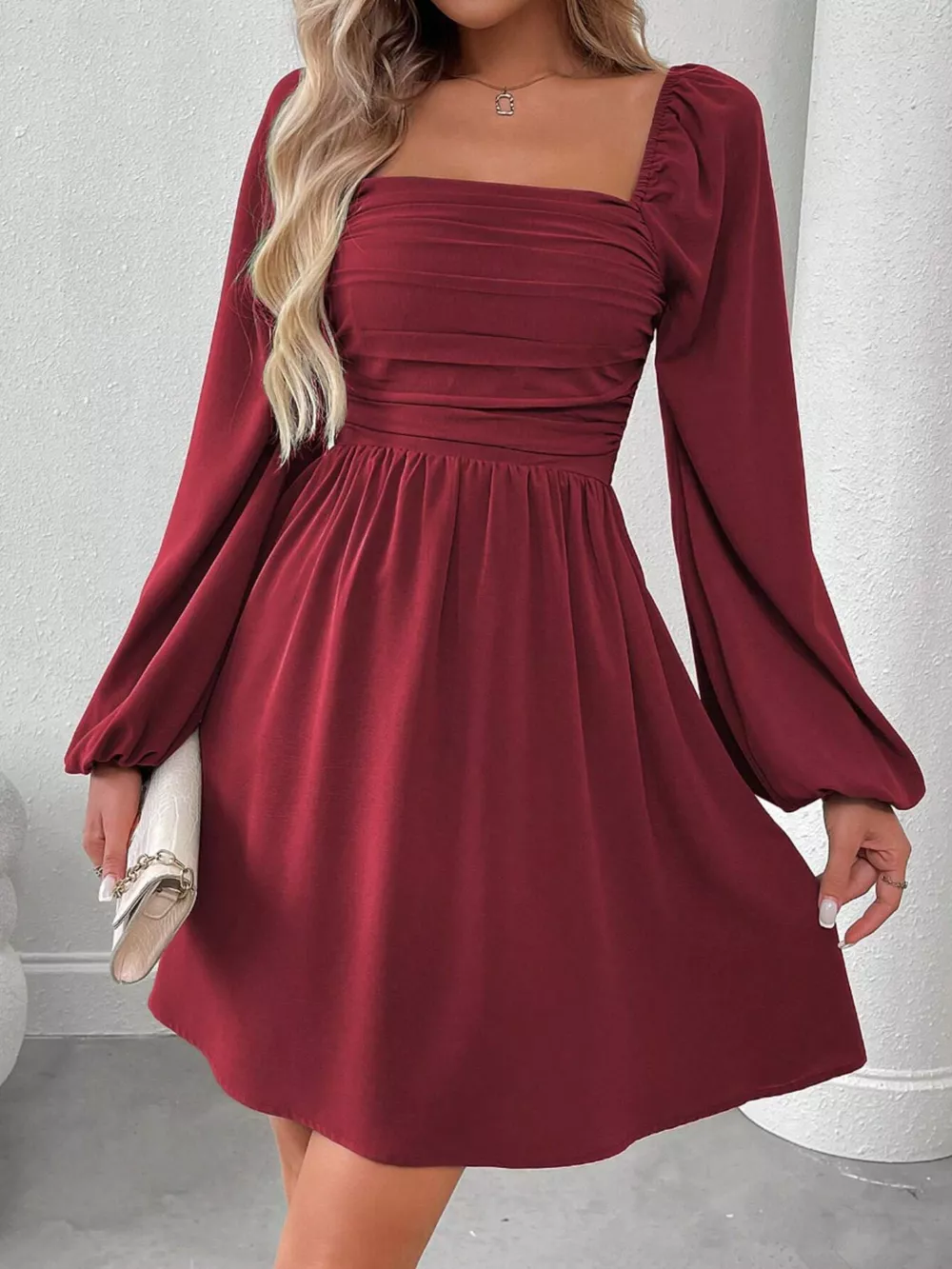 Ruched Square Neck Long Sleeve A-Line Dress, image 17