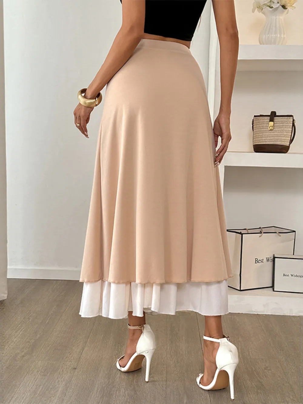 Layered Midi Skirt with Contrast Hem Detail, image 3