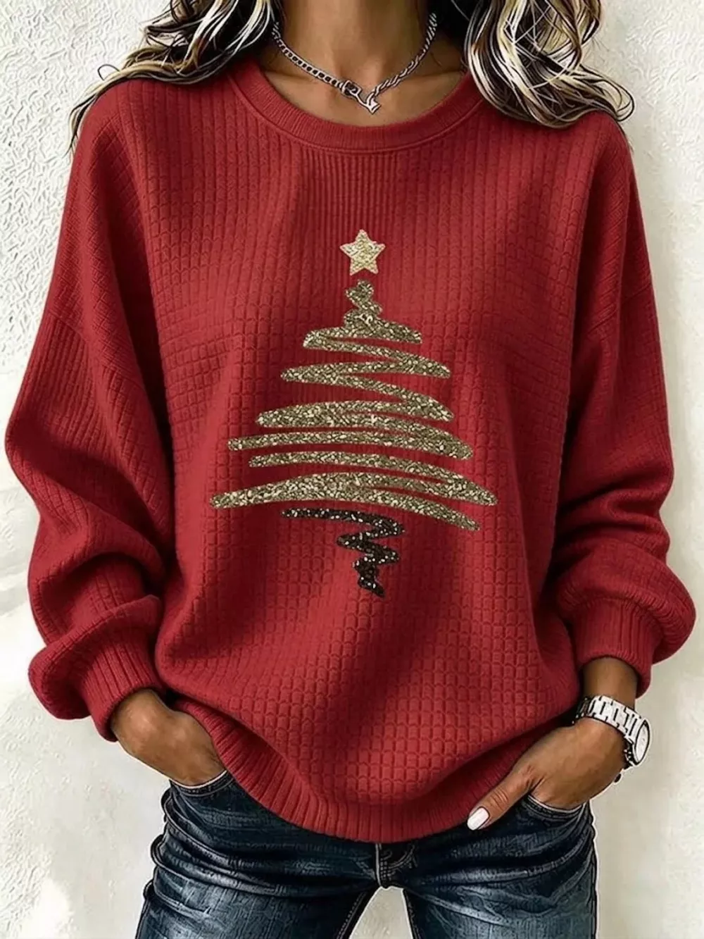 Full Size  Festive Christmas Tree Graphic Ribbed Sweatshirt Plus Size