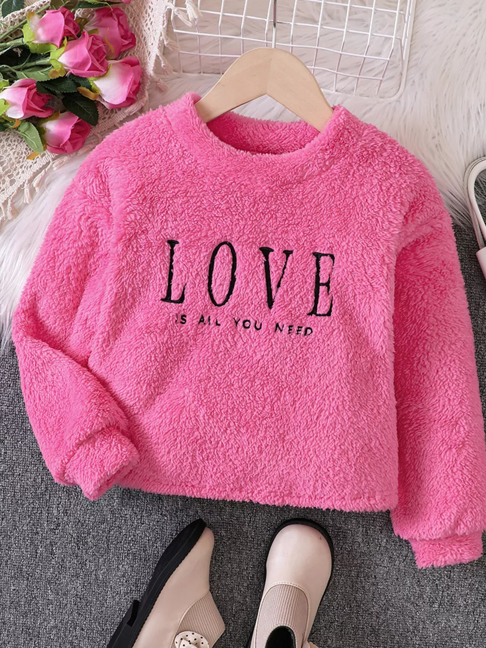 Children's Love Round Neck Fuzzy Sweatshirt