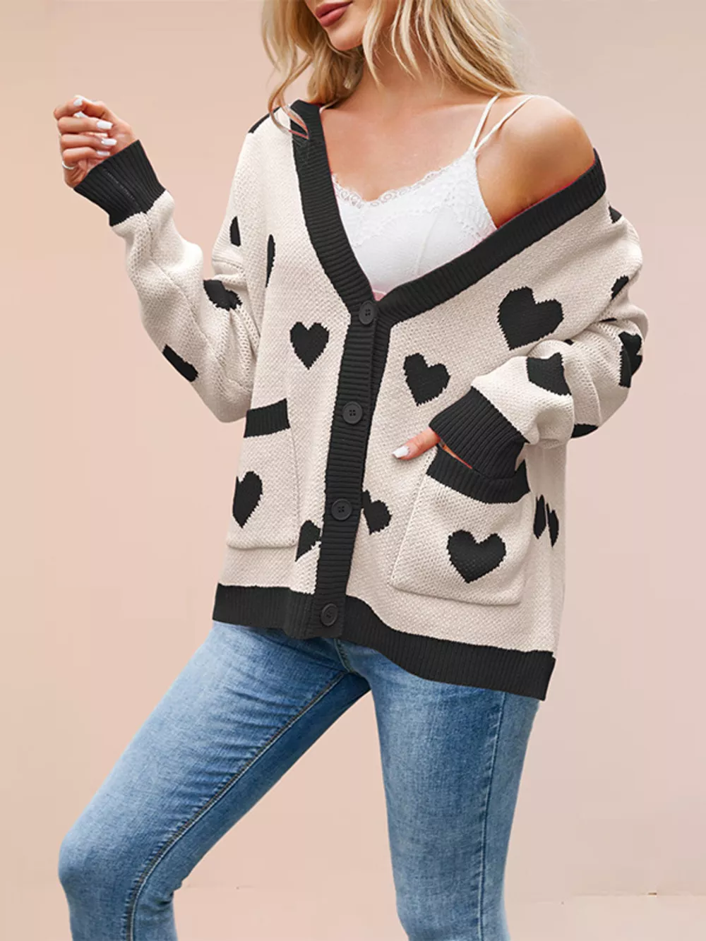 Heart Pattern V-Neck Button-Down Knit Cardigan, image 11