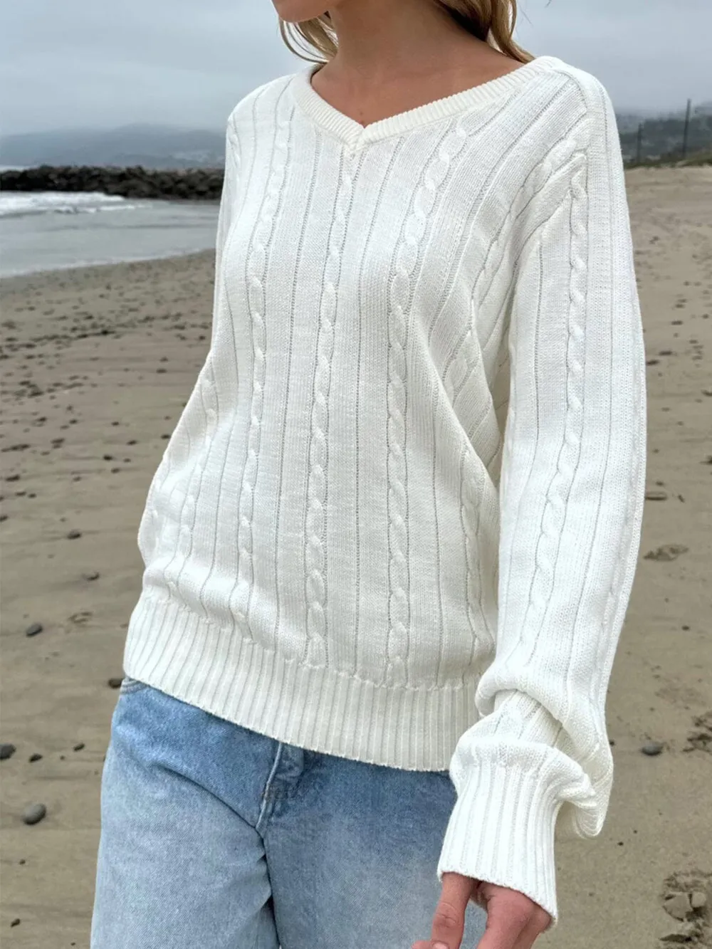Cable Knit V-Neck Pullover Sweater, image 3