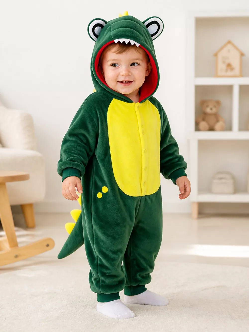 Children's Dinosaur Hooded Fleece One-Piece Jumpsuit, image 2