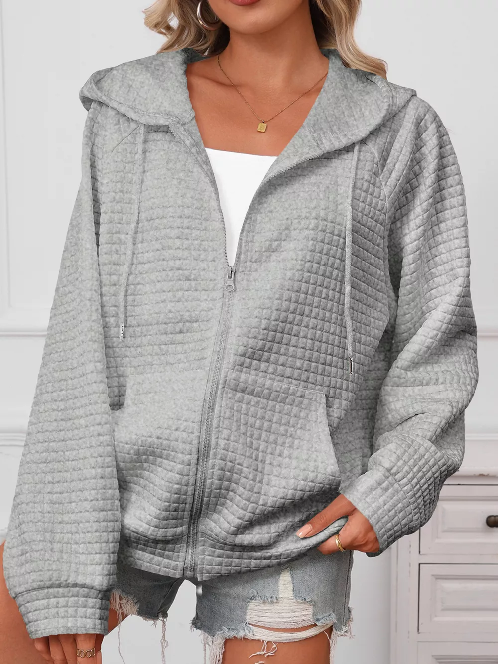 Full Size Textured Quilted Zip-Up Hooded Jacket Plus Size, image 18