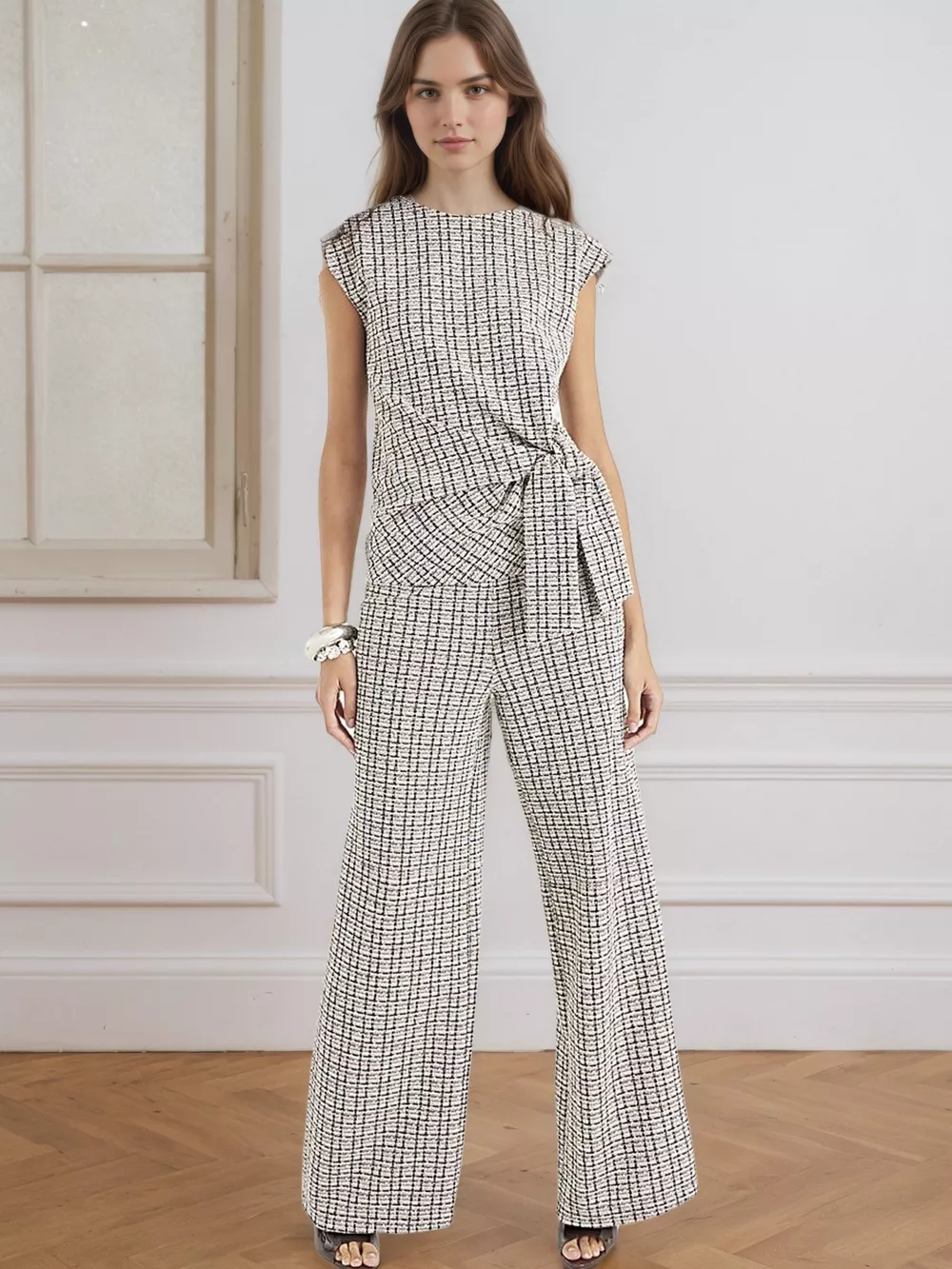 Tied Round Neck Top and Pants Set, image 4