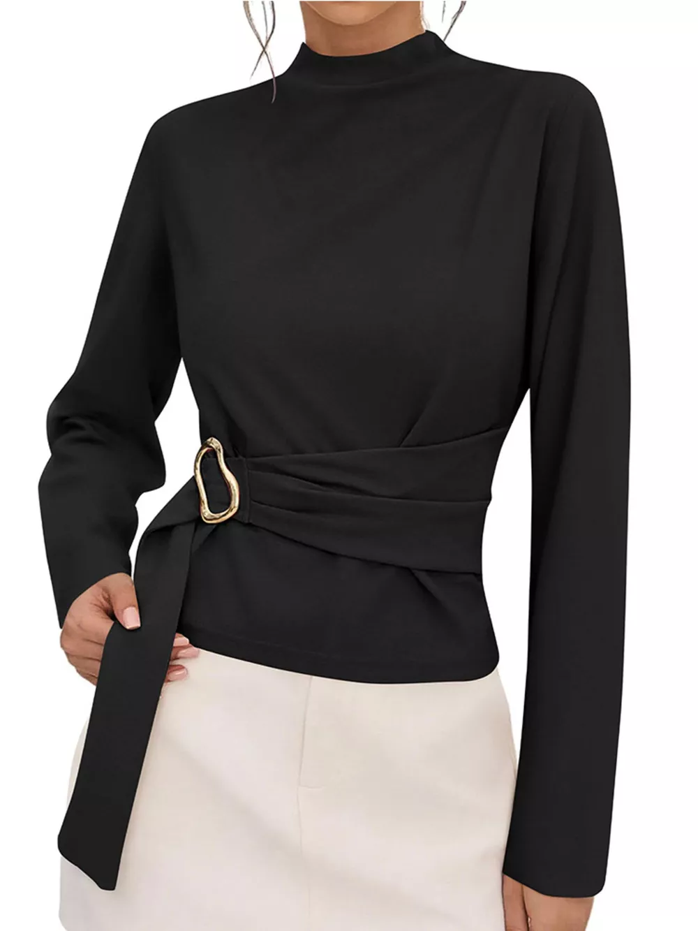 Mock Neck Blouse with Waist-Defining Metal Buckle Detail, image 6