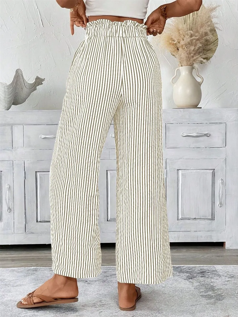 Full Size Striped Wide Leg Paper Bag Pants Plus Size, image 10