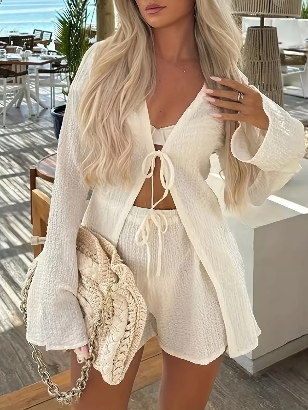 Tie Front Long Sleeve Top and Shorts Set, image 2