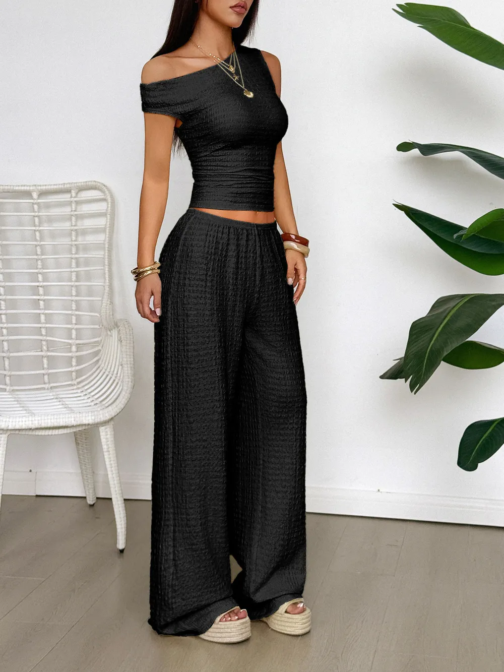 One Shoulder Top and Wide Leg Pants Set, image 2