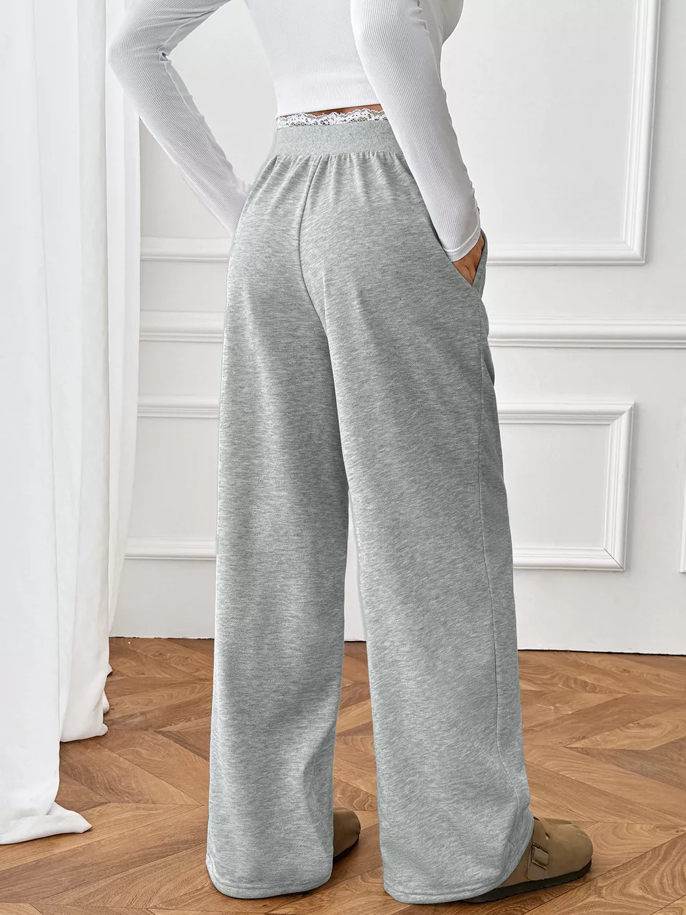 Lace Detail Wide Leg Casual Pants, image 11