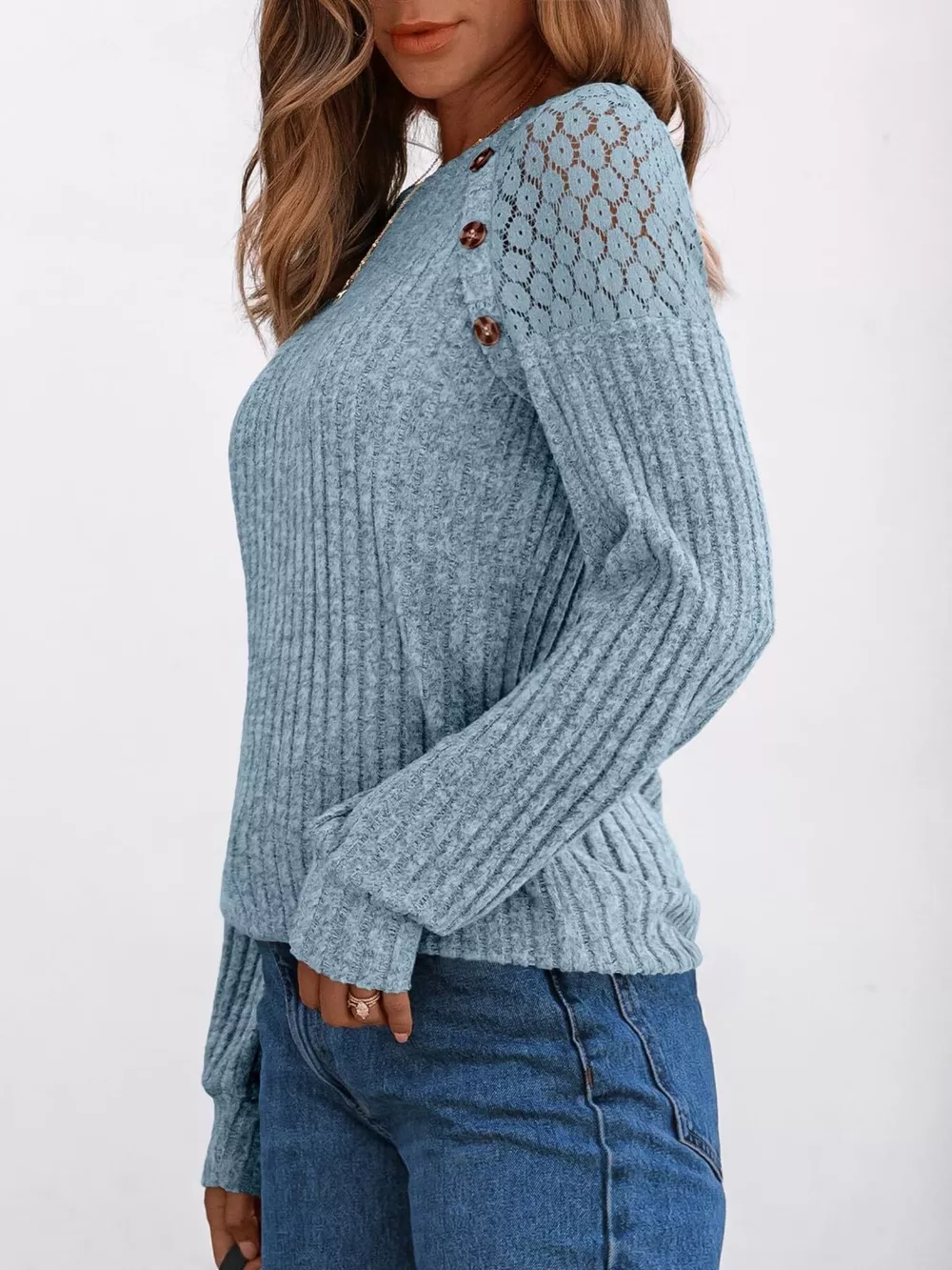 Ribbed Knit T-Shirt with Lace Shoulder Detail, image 16