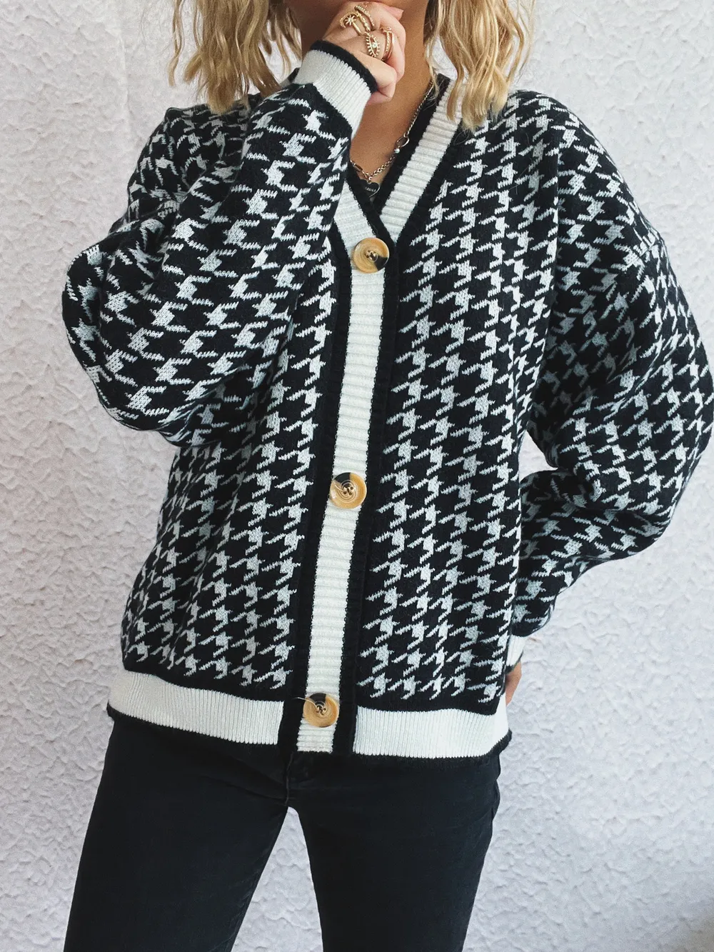 Houndstooth Pattern V-Neck Button-Up Cardigan, image 9