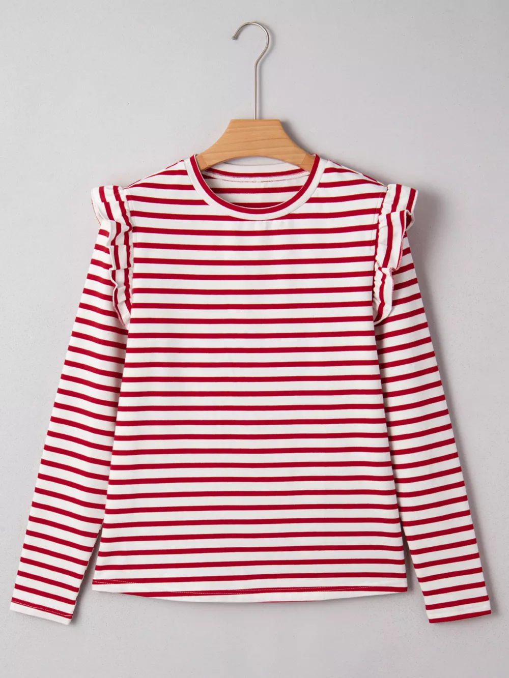 Stripe Round Neck Ruffle Trim Long Sleeve Top, image 4