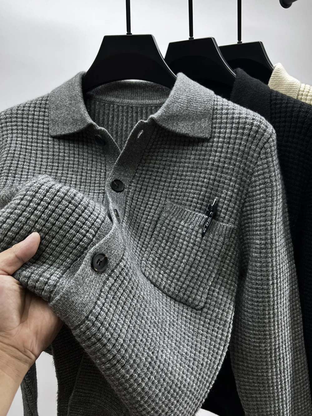 Men's Plus Size Button-Front Knit Cardigan with Collar, image 8