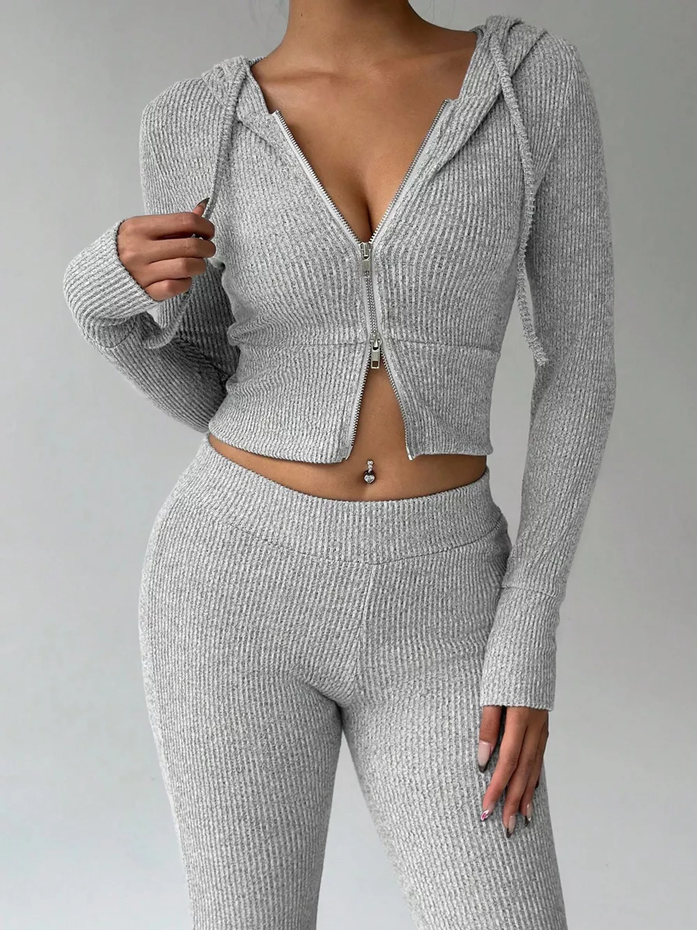 Ribbed Knit Zip-Up Hooded Top and Flared Pants Set, image 4
