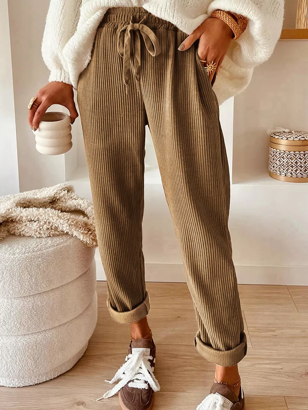 Casual Corduroy Drawstring Waist Pants, image 16