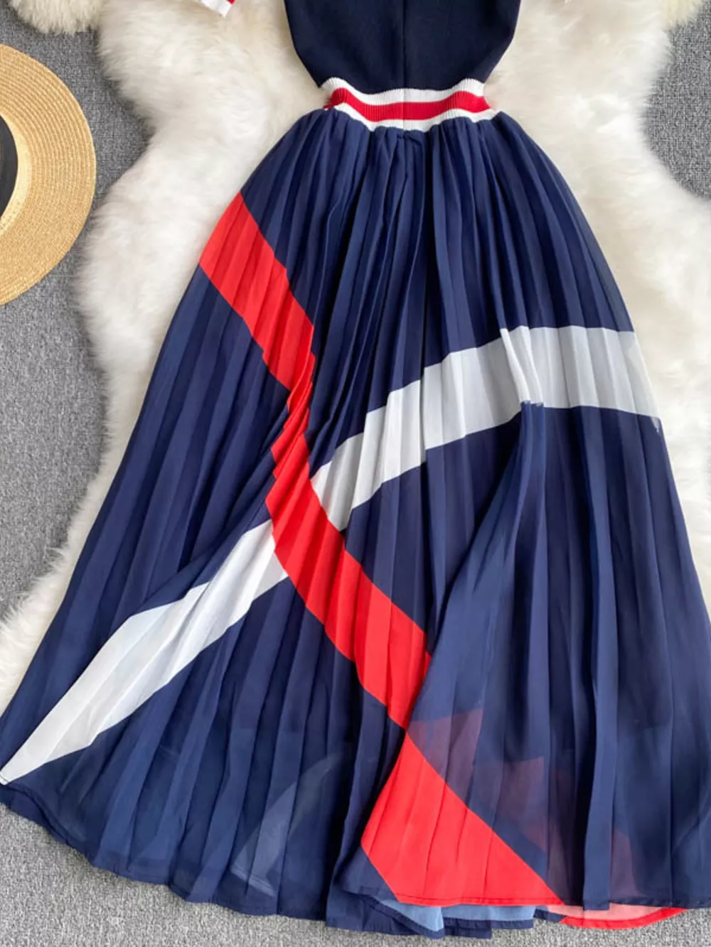 Elegant Color Block Pleated Midi Dress, image 6