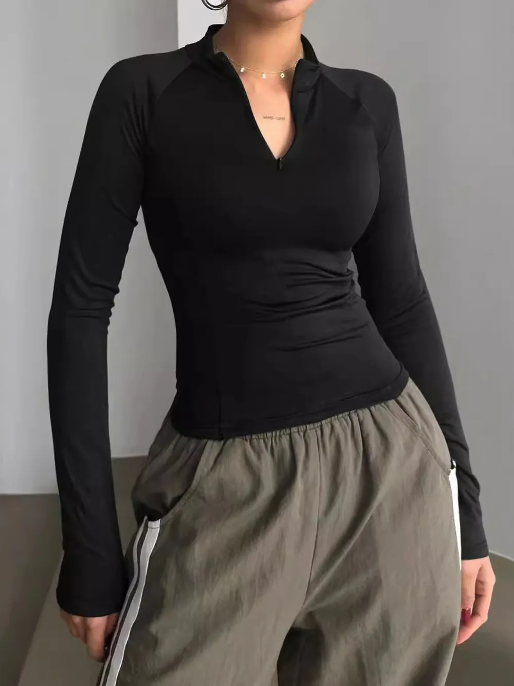 Long Sleeve Zip Front Fitted T-Shirt