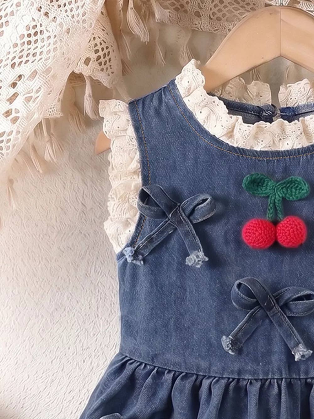Children's Denim Cherry Applique Dress with Lace Trim, image 3