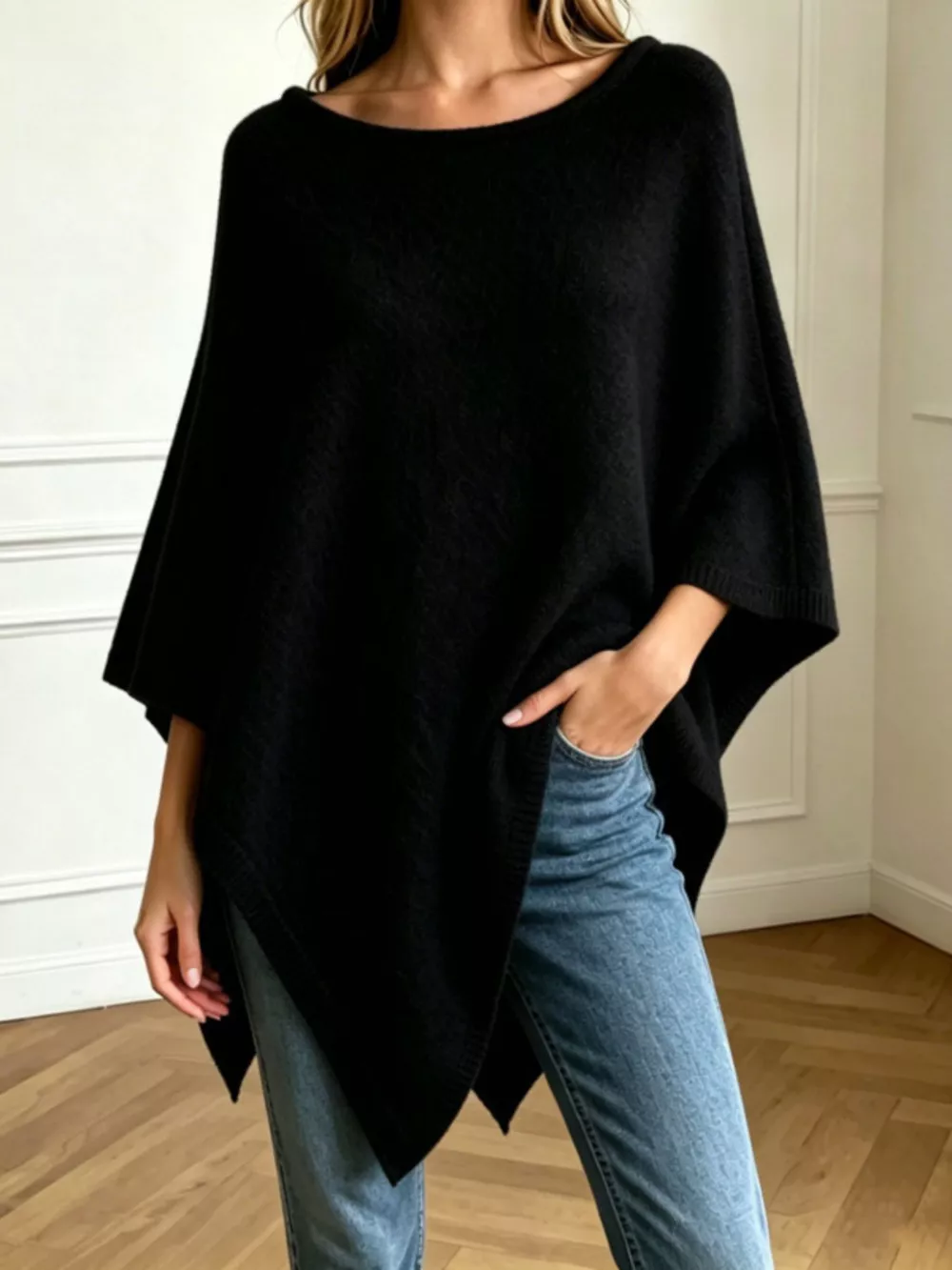 Asymmetrical Hem Knit Poncho, image 3