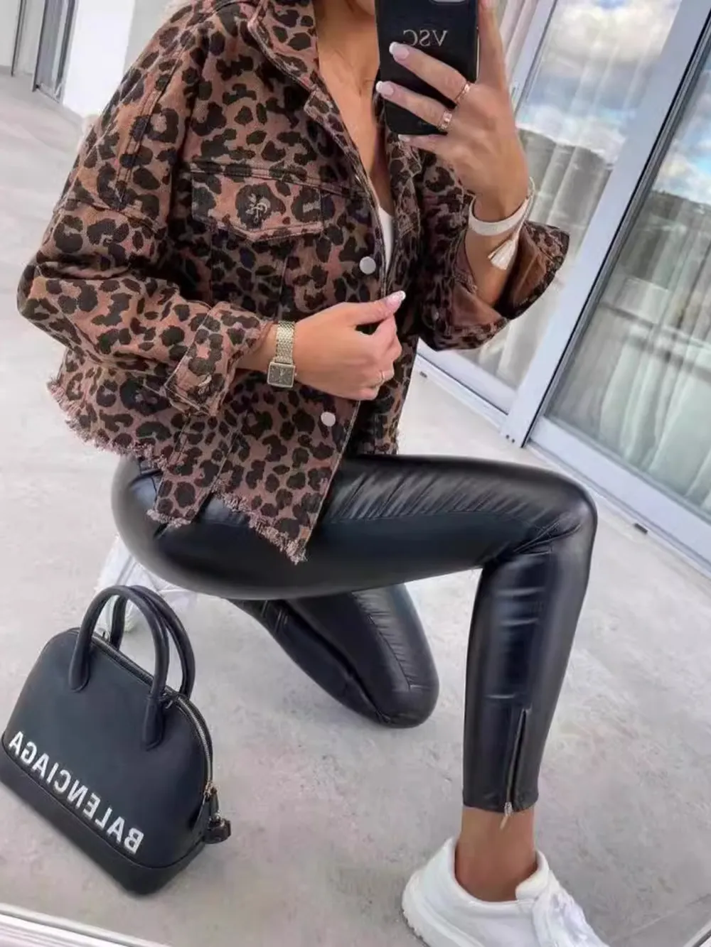 Leopard Print Raw Hem Denim Jacket, image 3