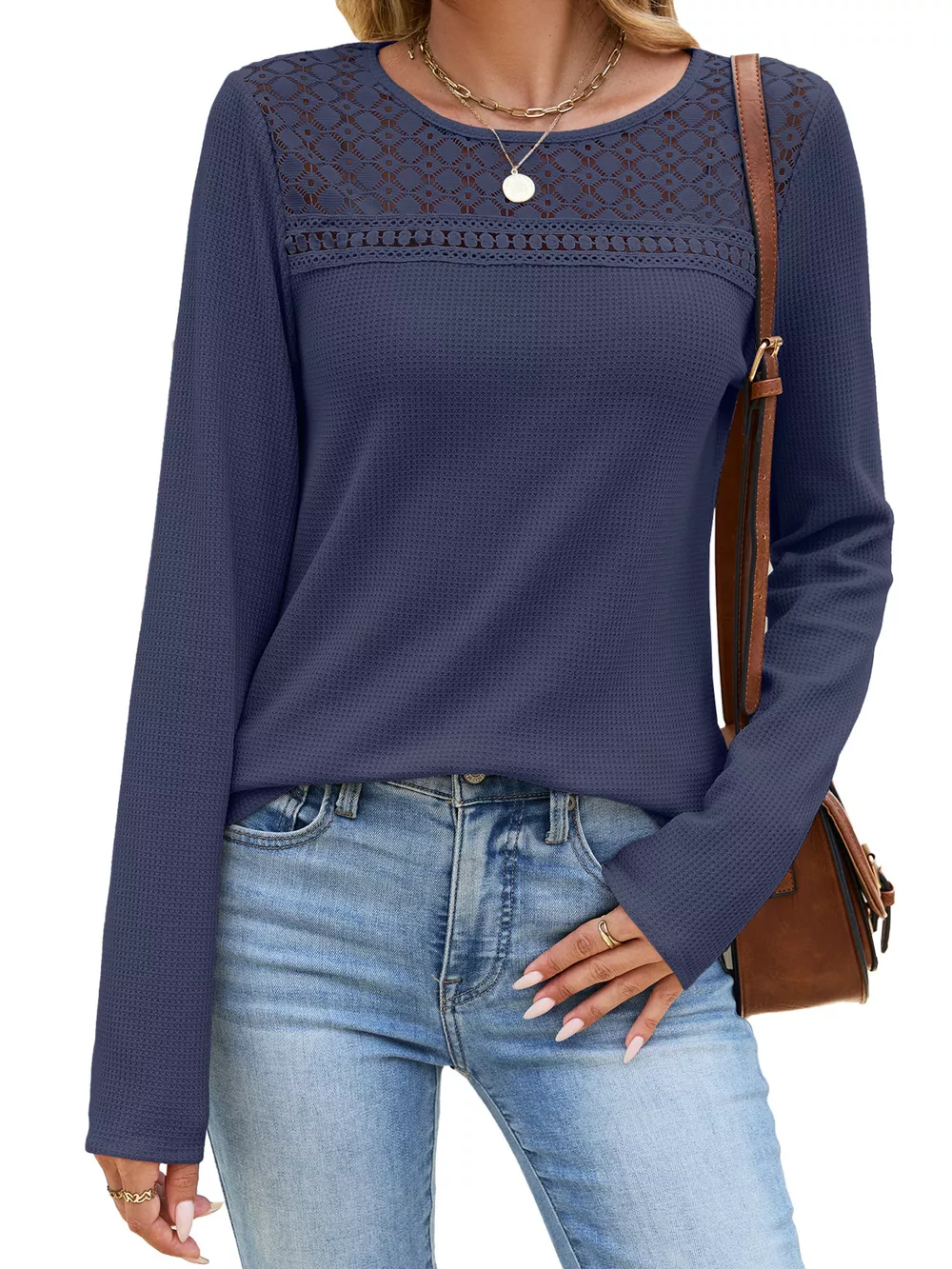Lace Panel Waffle Knit Long Sleeve T-Shirt, image 26