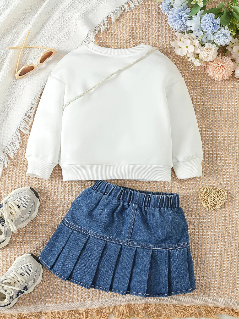 Children's Letter Long Sleeve Top and Denim Skirt Set with Heart Bag, image 5