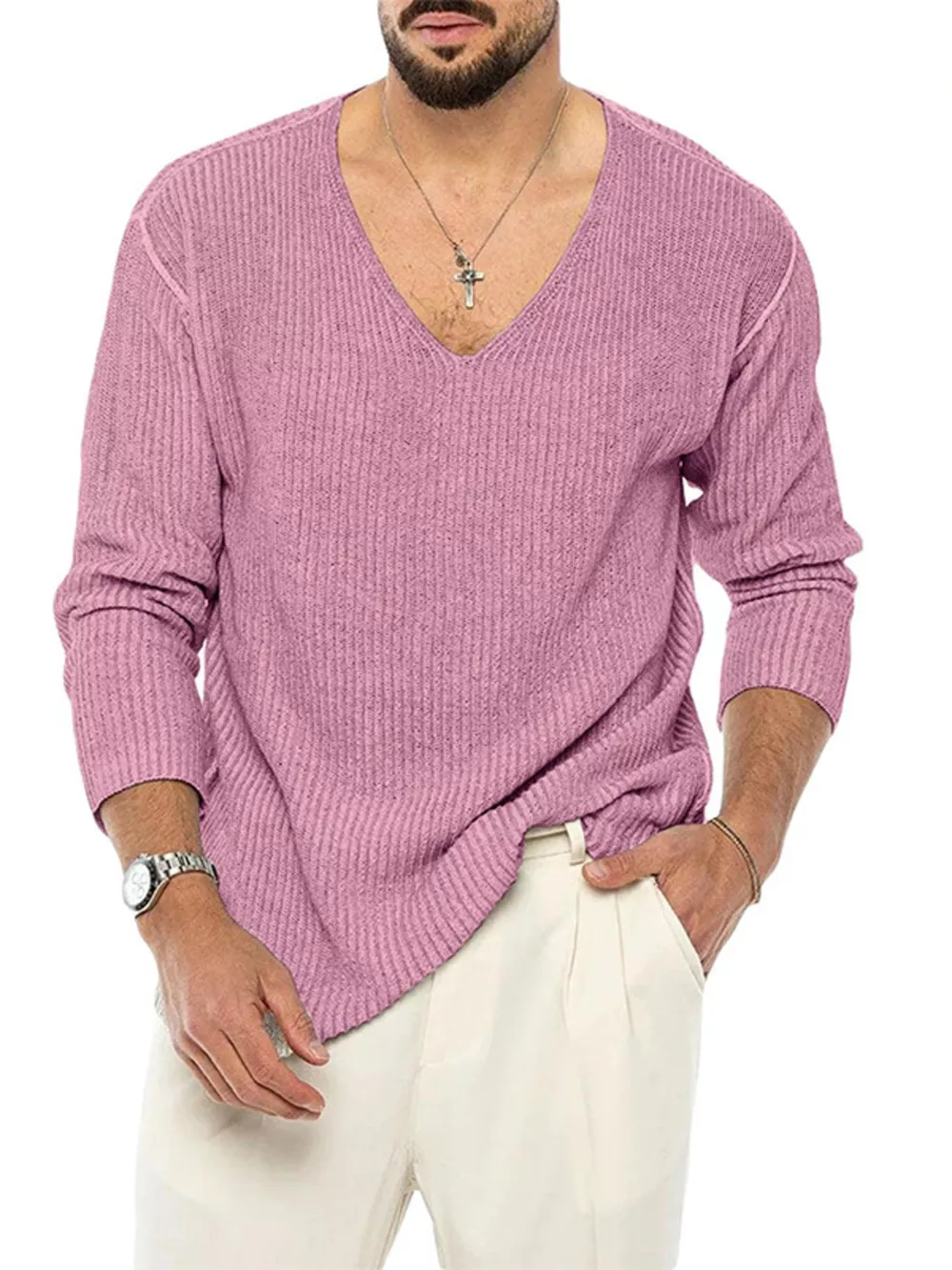 Men's Casual V-Neck Ribbed Knit Sweater