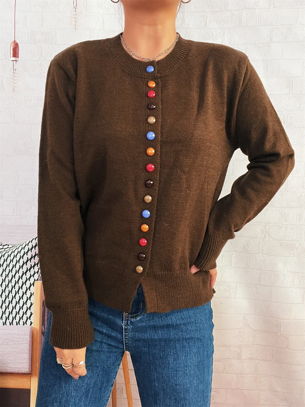 Button-Front Cardigan with Colorful Detail Buttons, image 18