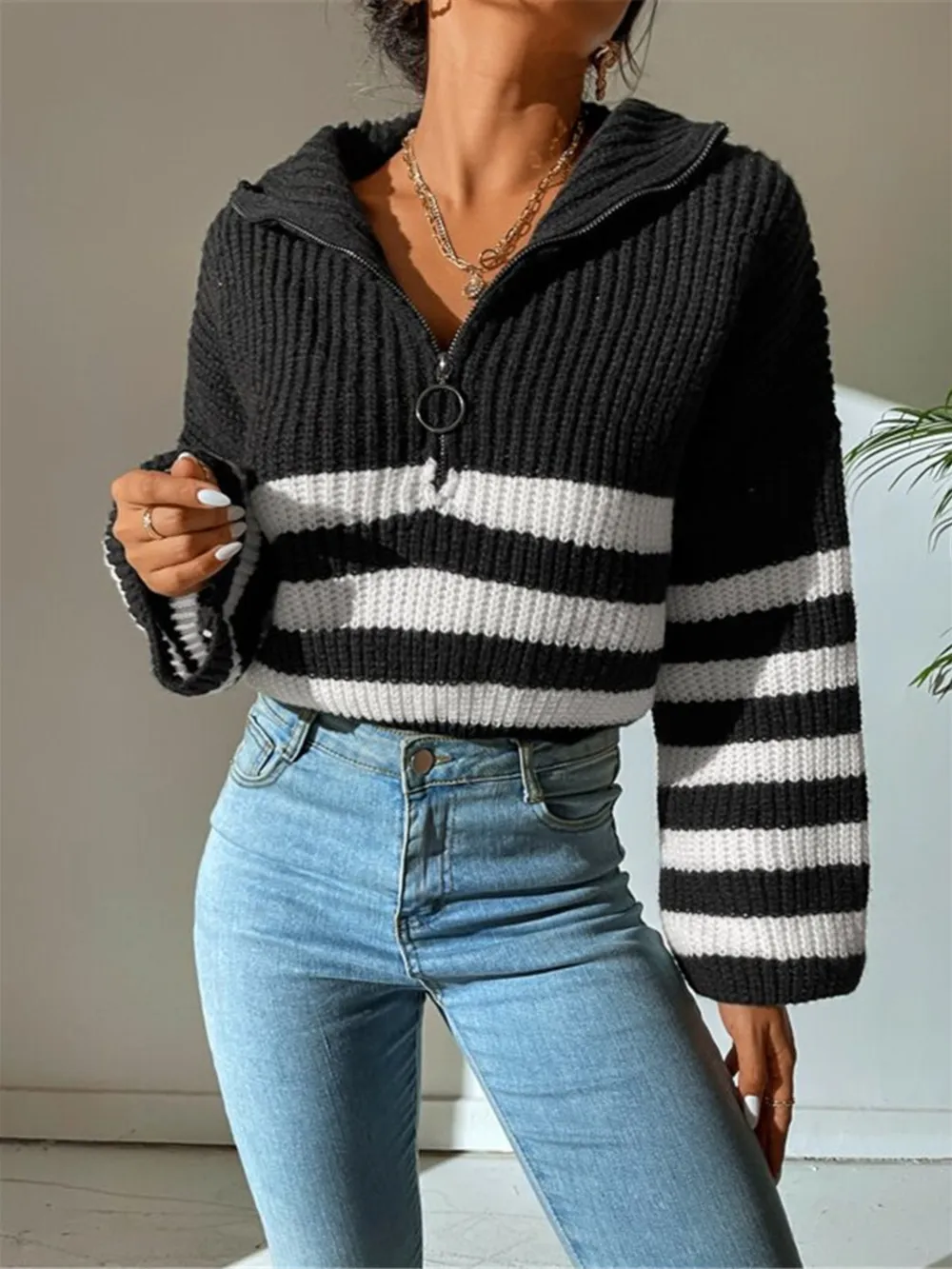 Striped Half Zip Cropped Sweater
