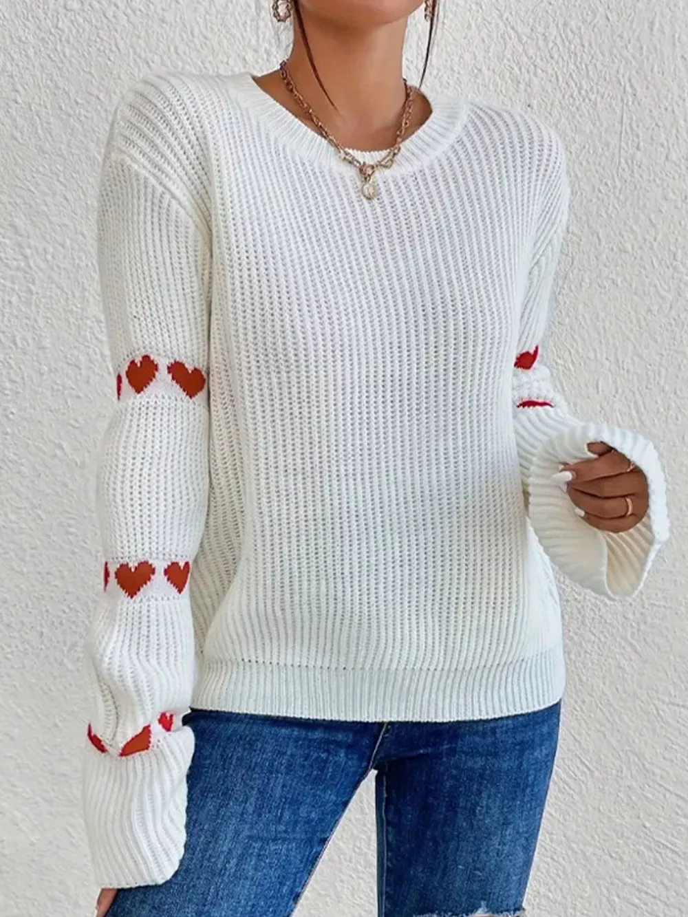 Heart Pattern Dropped Shoulder Sweater, image 2
