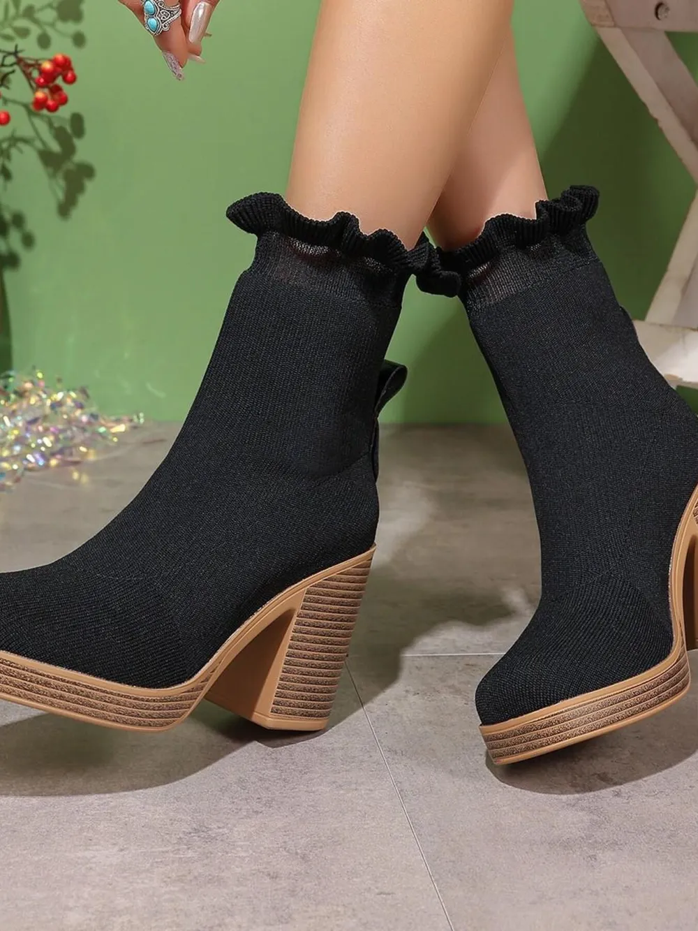 Ruffled Trim Chunky Heel Boots, image 2