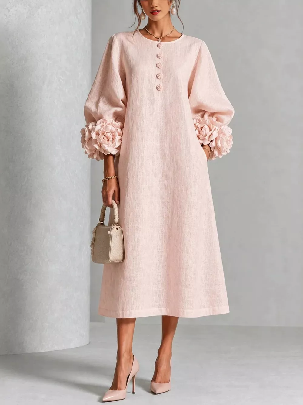 3D Floral Round Neck Midi Dress, image 2
