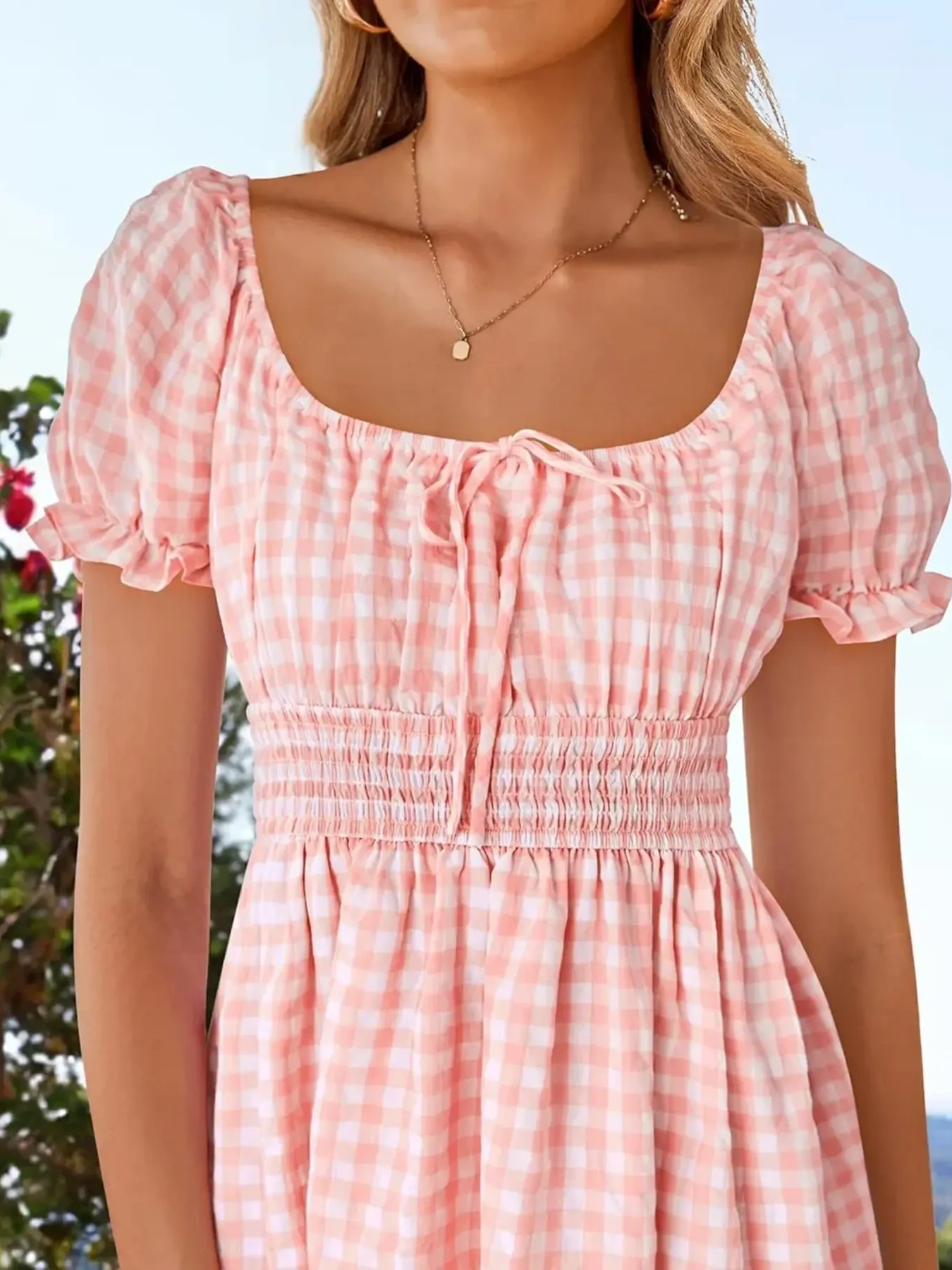 Gingham Smocked Puff Sleeve Summer Dress, image 10
