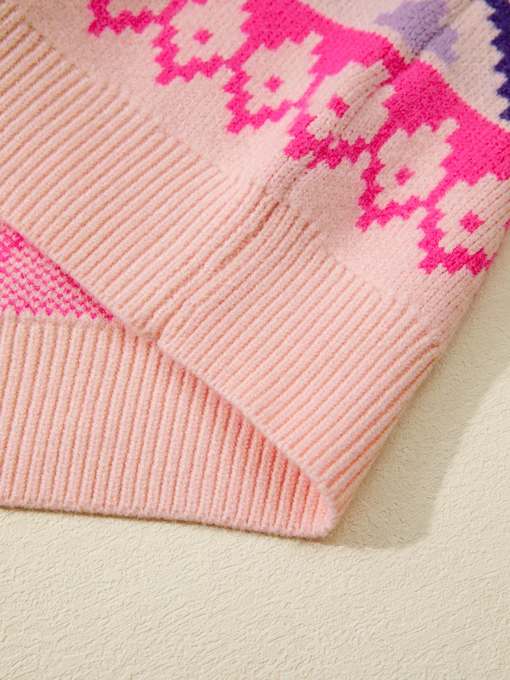 Multicolour Ethnic Christmas Pattern Knit Feather Cuffed Sweater, image 7