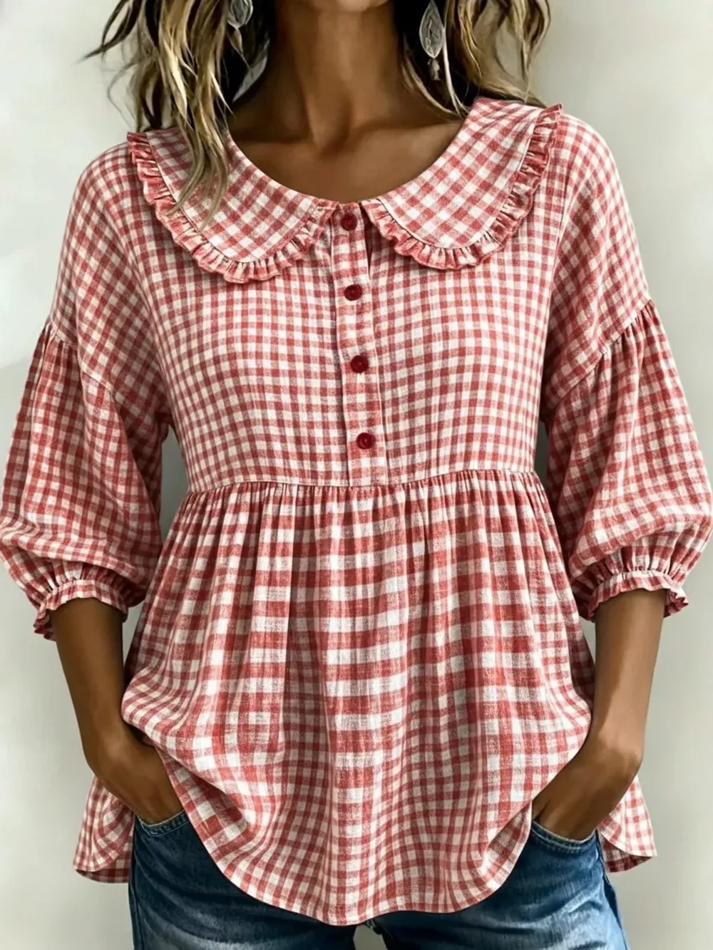 Full Size Gingham Peter Pan Collar Blouse Plus Size, image 9