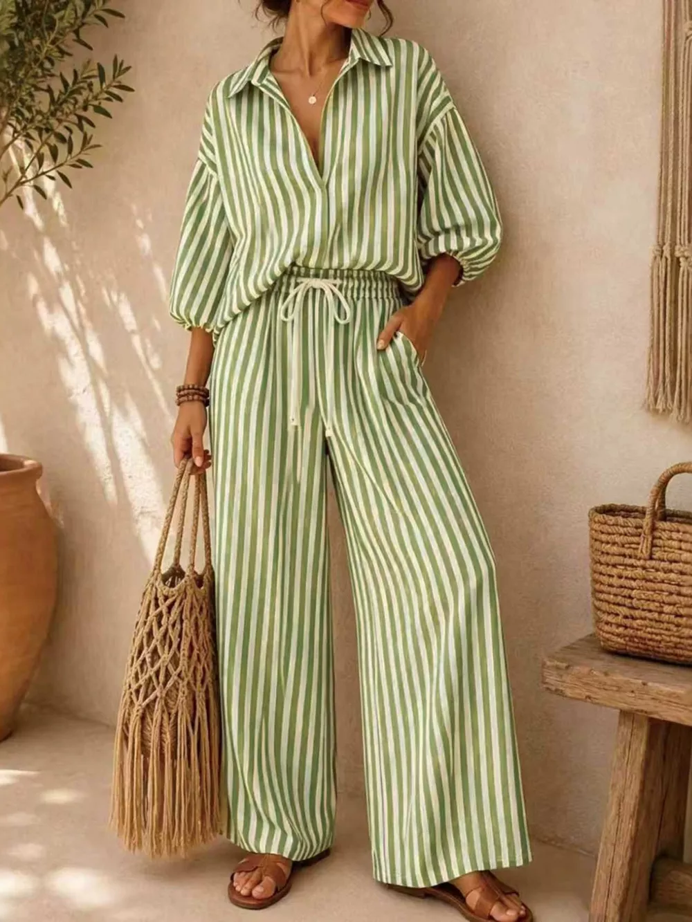Full Size Striped Puff Sleeve Shirt and Wide-Leg Drawstring Pants Set Plus Size, image 13