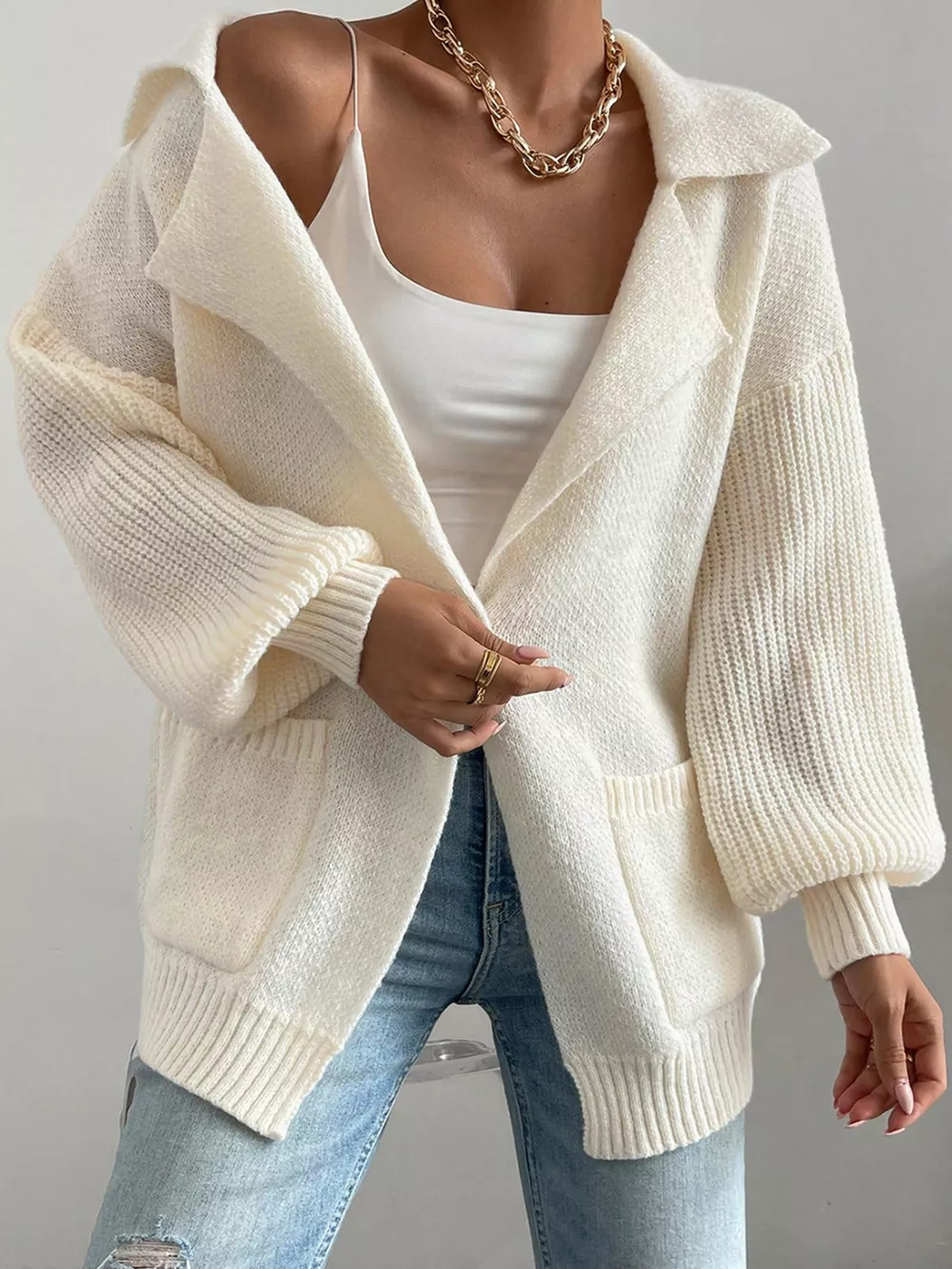 Solid Color Knit Lapel Collar Single Button Sweater Cardigan, image 13
