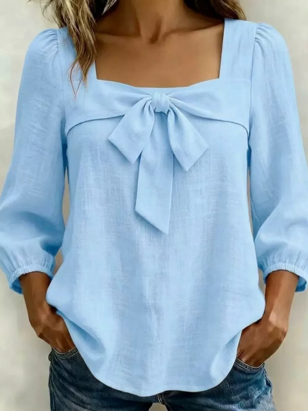 Full Size Bow Front Square Neck Blouse Plus Size, image 3