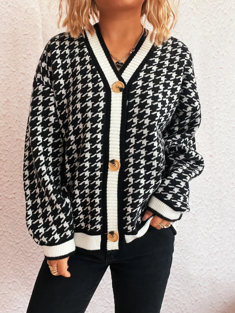 Houndstooth Pattern V-Neck Button-Up Cardigan, image 10