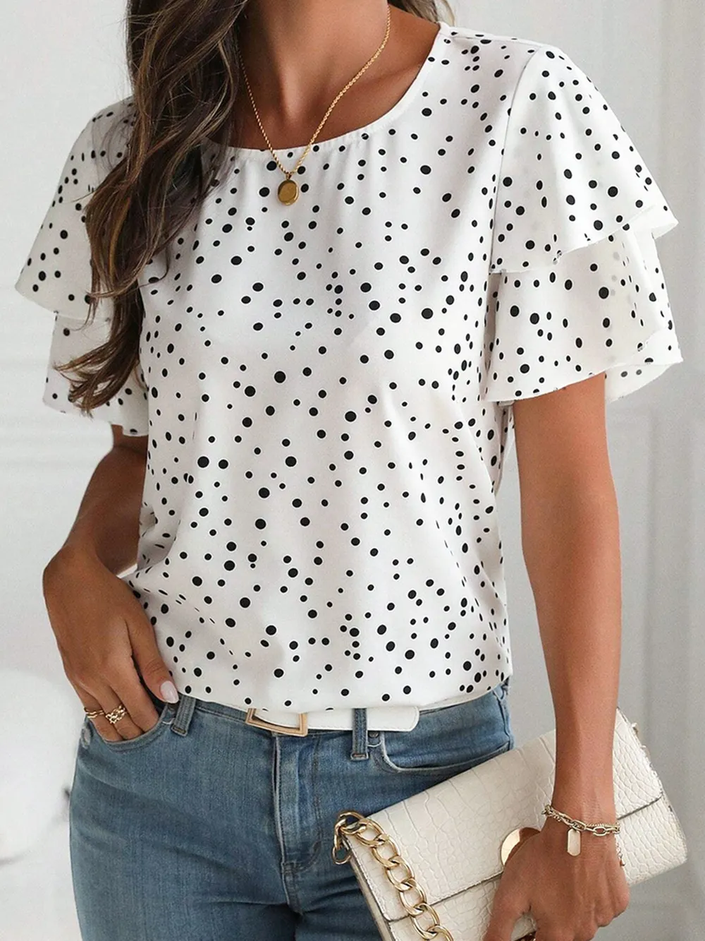 Polka Dot Layered Ruffled Short Sleeve Blouse, image 3