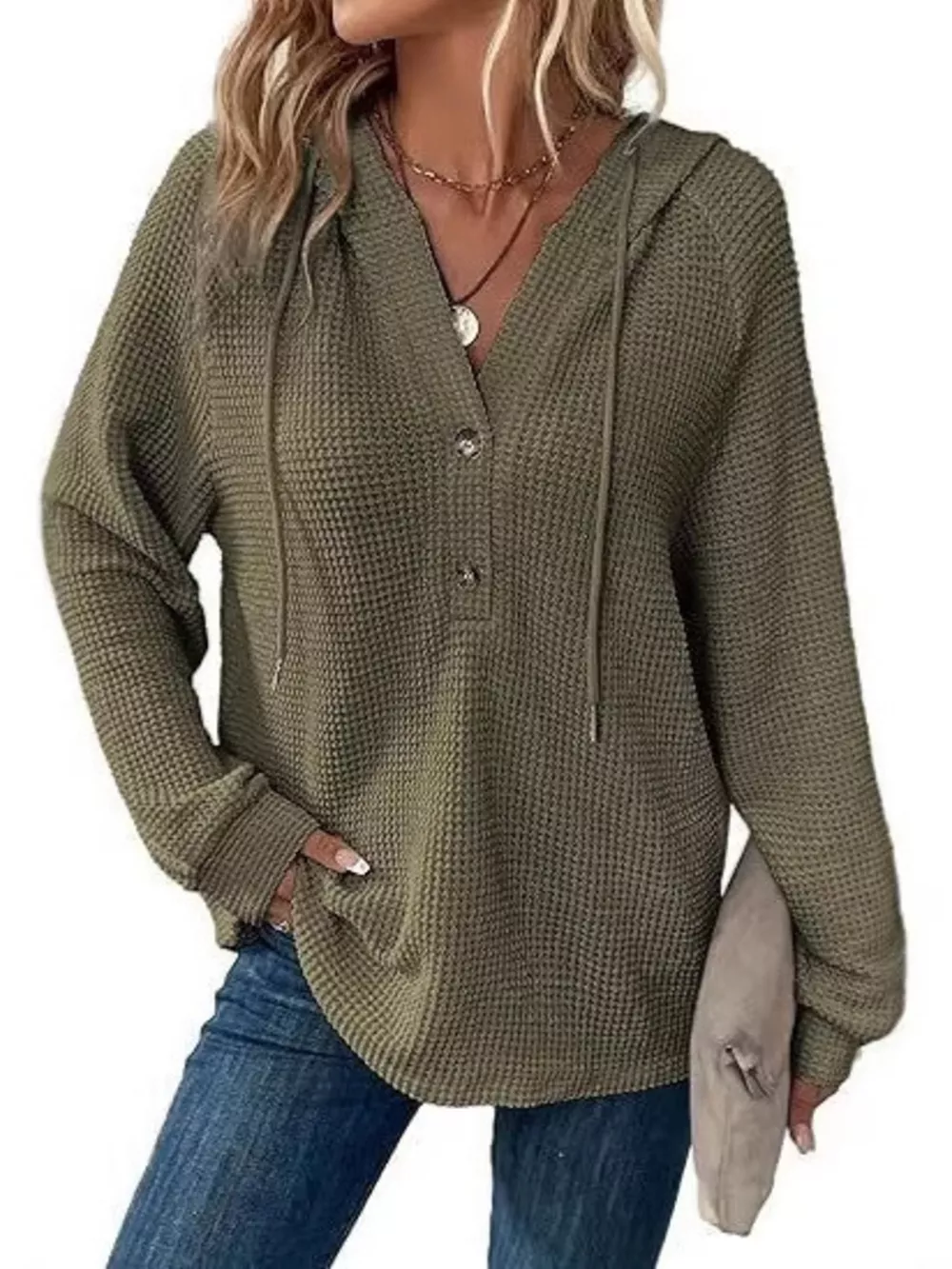 Full Size Button Detail Waffle Knit Hoodie Plus Size, image 33