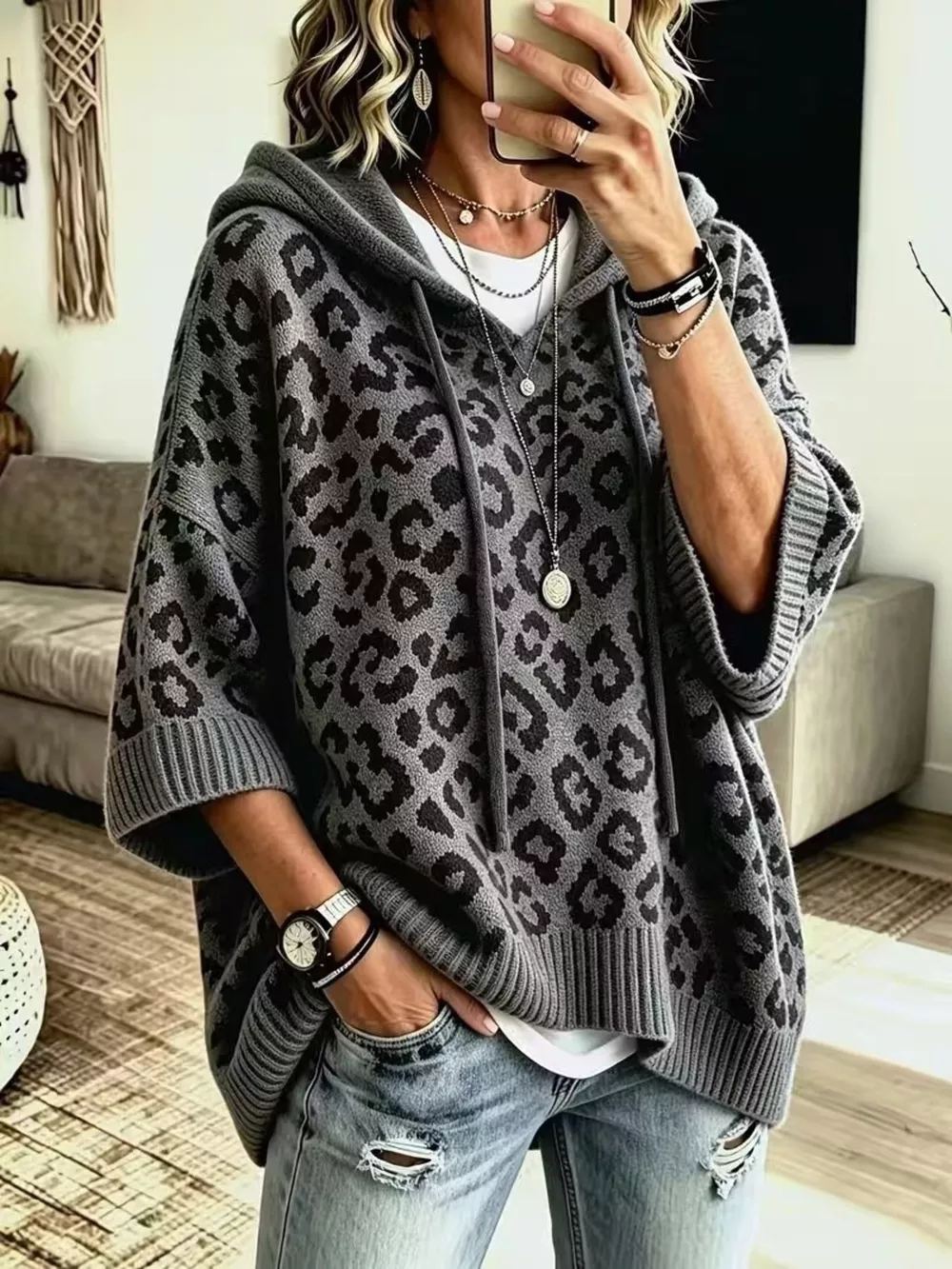 Drawstring Leopard Hooded Sweater, image 6