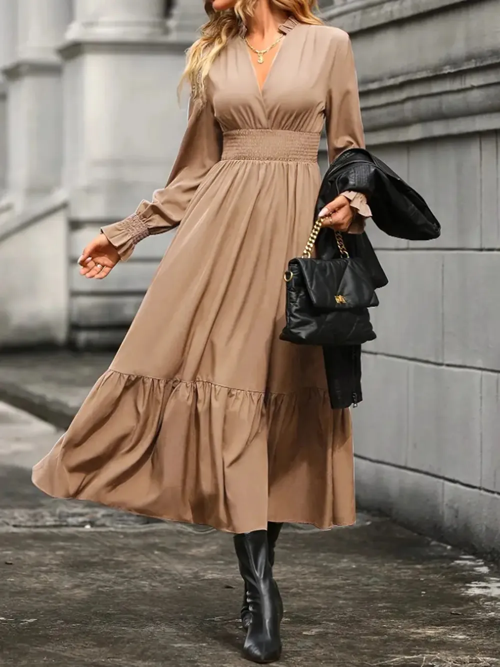 Notched Long Sleeve Tiered Dress, image 17