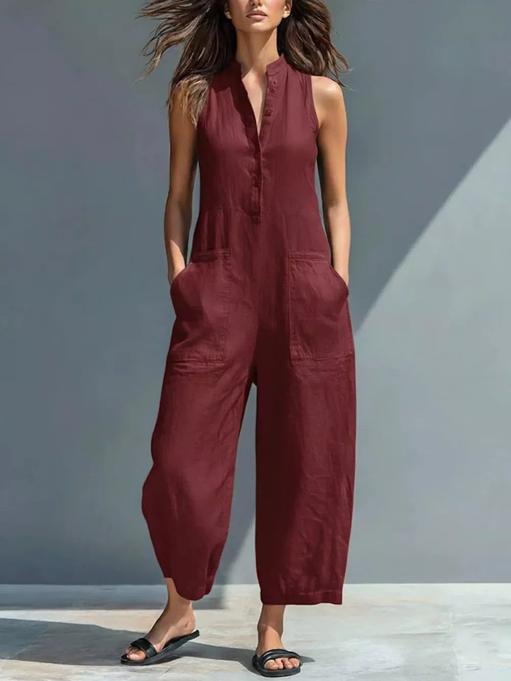 Full Size Button Front Sleeveless Jumpsuit Plus Size, image 7