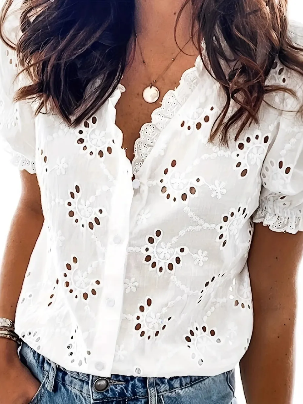 Eyelet Embroidered Short Sleeve Shirt