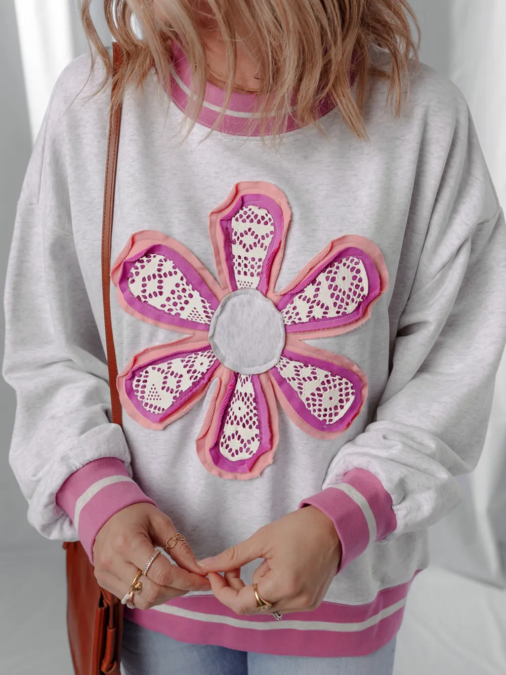 Flower Patch Contrast Trim Crew Neck Sweatshirt, image 3