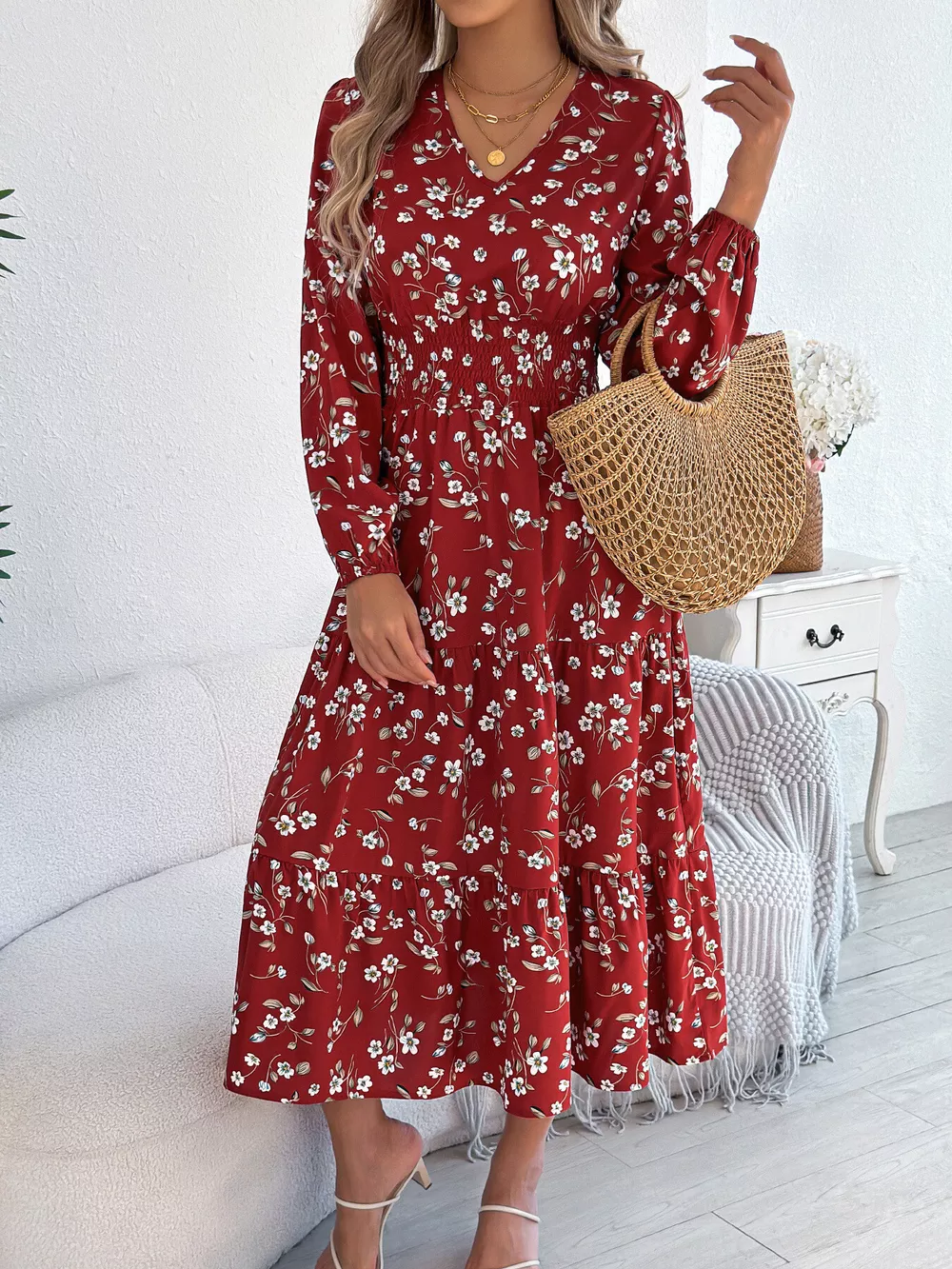 Floral Print Long Sleeve V-Neck Midi Dress, image 11